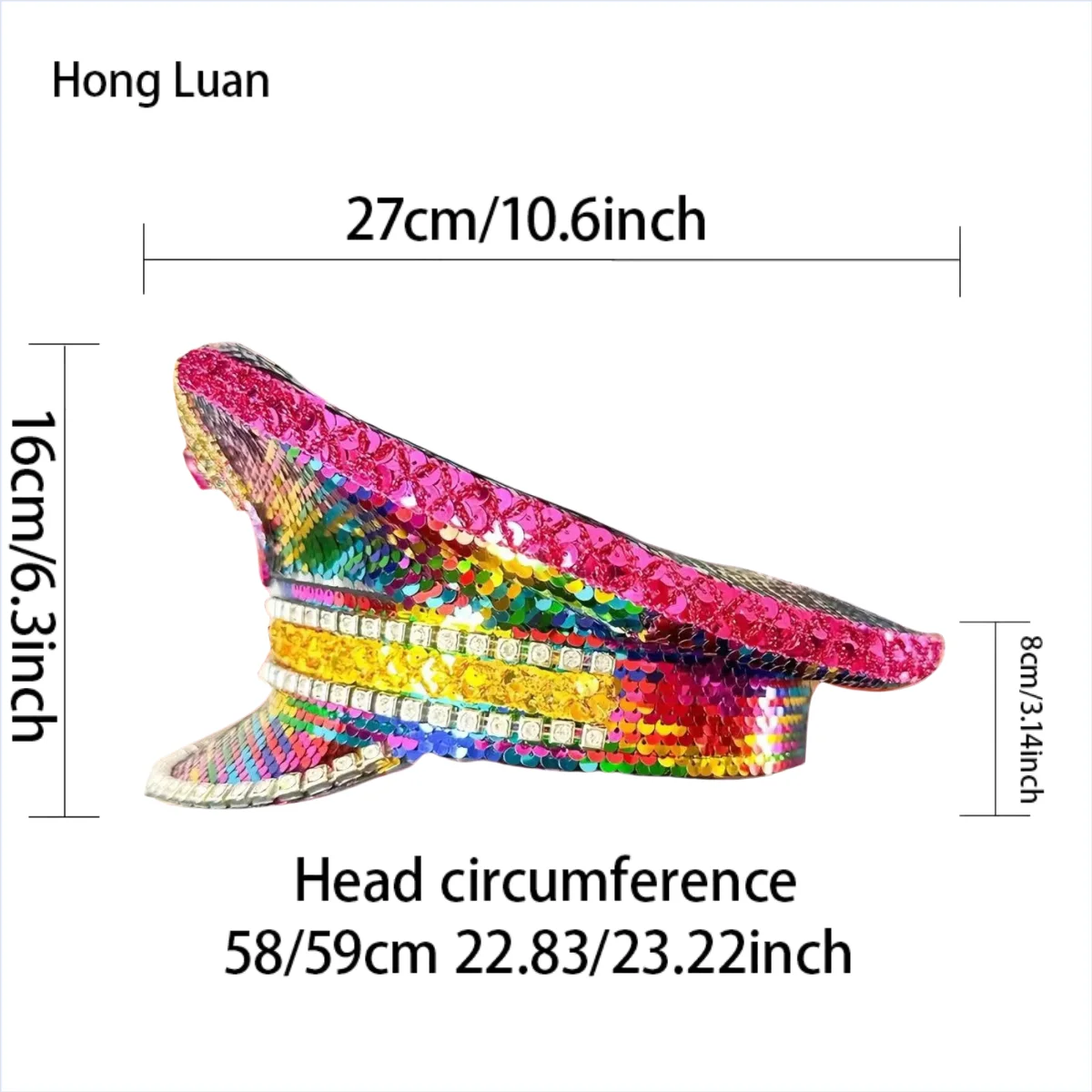 HongLuan Yellow Laser Leather Loop Captain Hat Rhinestone & Military Caps for Woman, Rave Festivals Accessories ＆ Party Cap Man