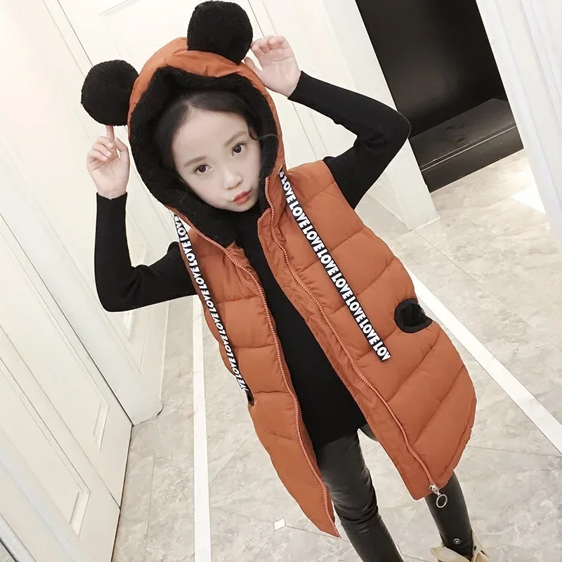 Winter Girls Cartoon Shower Hooded Warm Fleece Lined Long Zip Vest Children Waistcoats School Kids Outfit Tops For 3-14 Years image 4