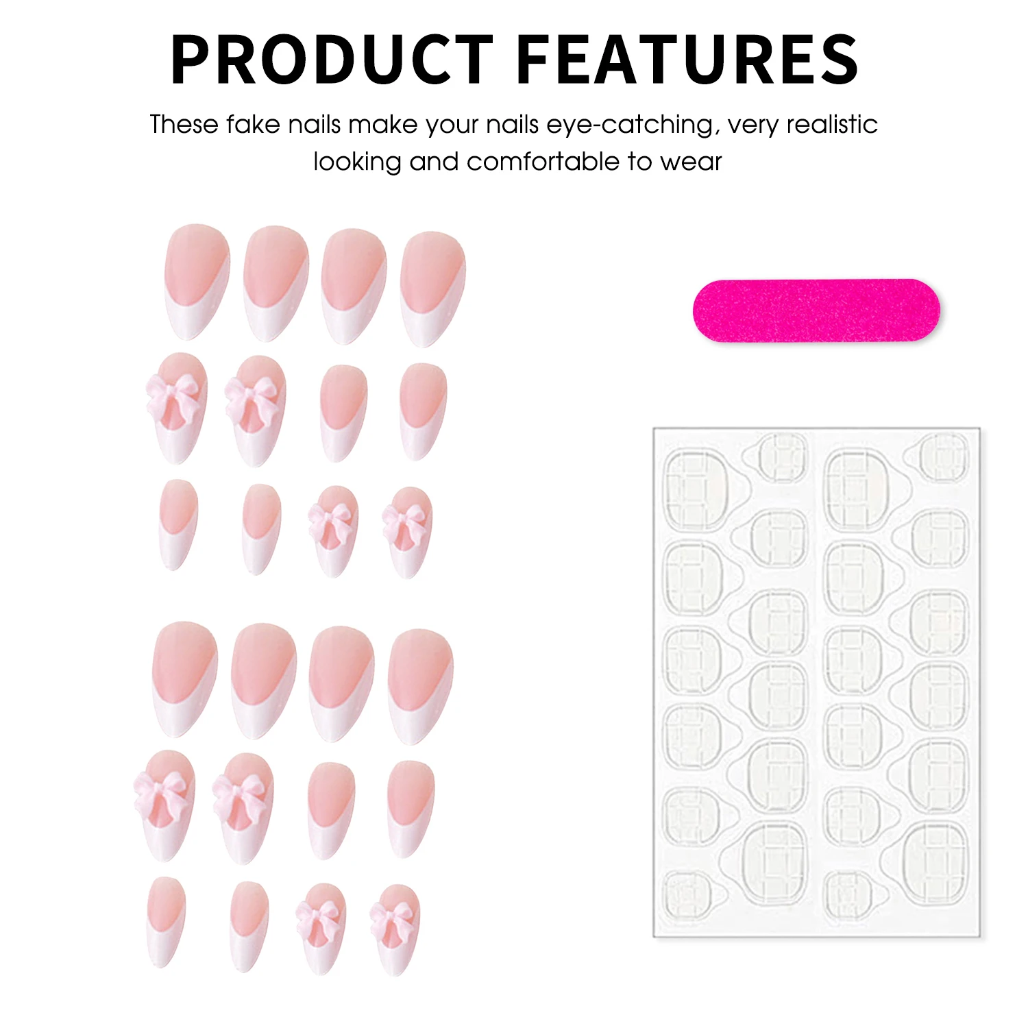24 個甘いちょう結びプレスオンネイルホワイトエッジフレンチスタイル光沢のあるピンクアーモンド付け爪イン韓国ウェアラブル偽ネイルチップ