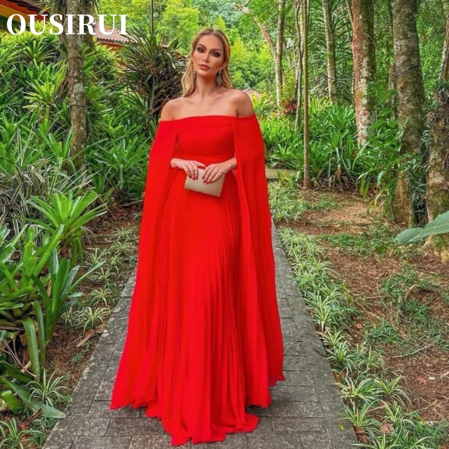 

OUSIRUI A-Line Boat Neck Pleated Floor Length for Women Elegant Long Red Chiffon Prom Dresses With Cape Vestidos de noche