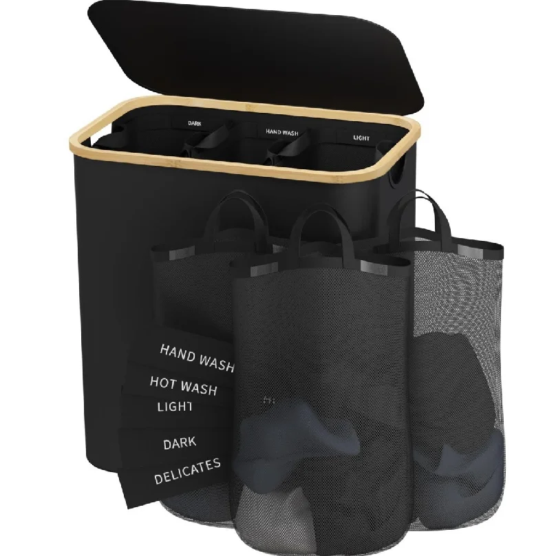 Dirty clothes basket bamboo basket bedroom with inner pocket with lid foldable clothes storage basket with classification label