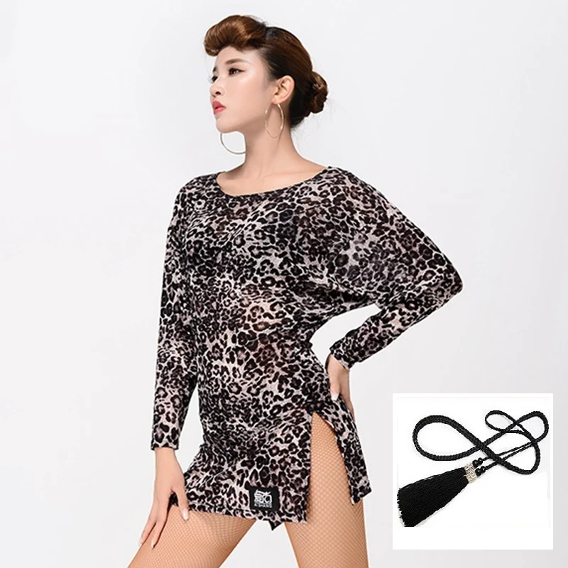 

Latin Dance Dress Sexy Leopard Bat Sleeves Women Round Neck Short Dress Adult Rumba Cha Cha Practice Performance Clothes NV24433