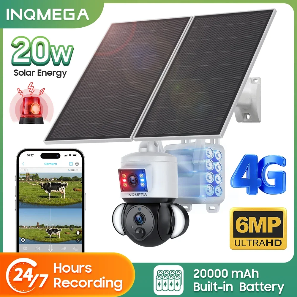 INQMEGA 6MP 20W Dual View Dual Linkage Solar PTZ Camera WIFI/4GSIM Outdoor Surveillance Camera CCTV Camera with 20000mAh Battery