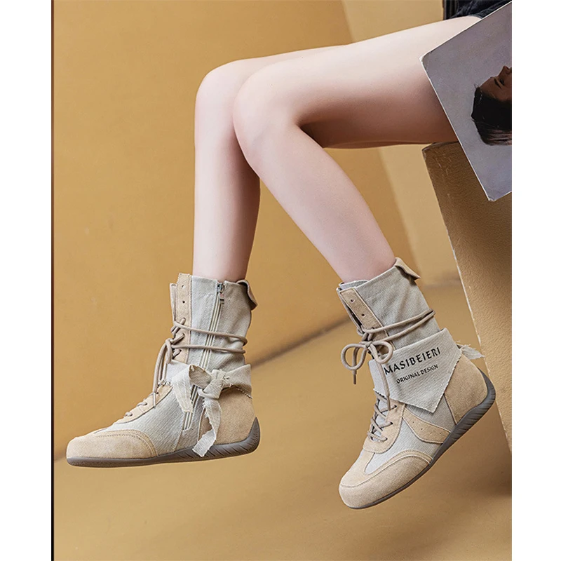 Spring Autumn Shoes Women Mid-Calf Boots Non-slip Fashion Brand Western Style Ladies High top Shoes Height Increasing 5cm D527