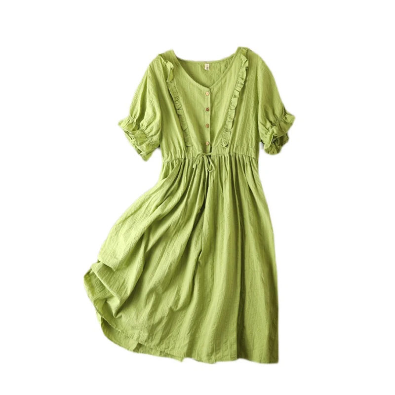 V-Ne couleur Pure plissé ort Sve longue a-ligne Dr été grande taille femme taille Dstring taille haute mmet détail