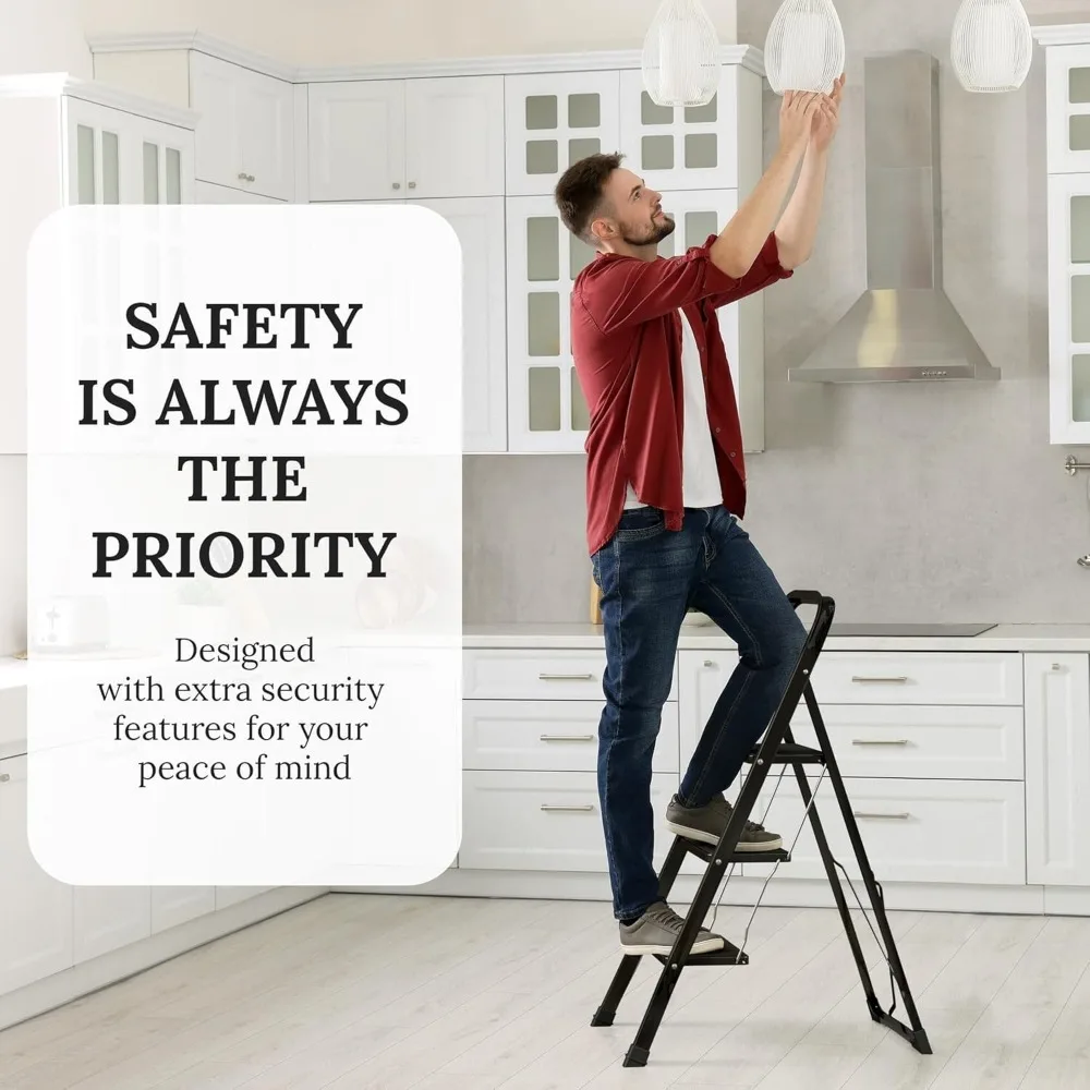 부드러운 그립 핸들이 있는 강철 접이식 3단 스툴 사다리 성인용 330파운드 블랙