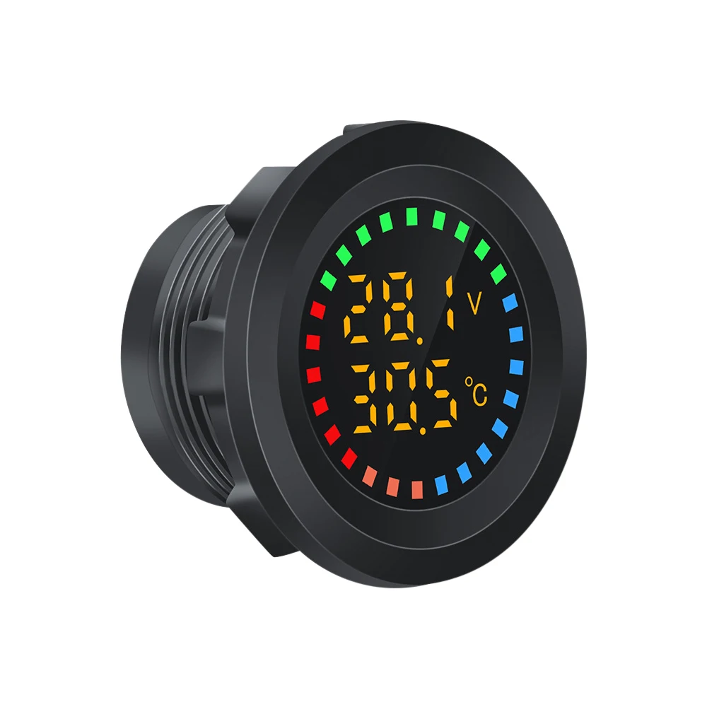 12-24V Car Round Color Screen Temperature Voltmeter Auto Voltage Test Dual Display Digital Measurement for Car Motorcycle RV