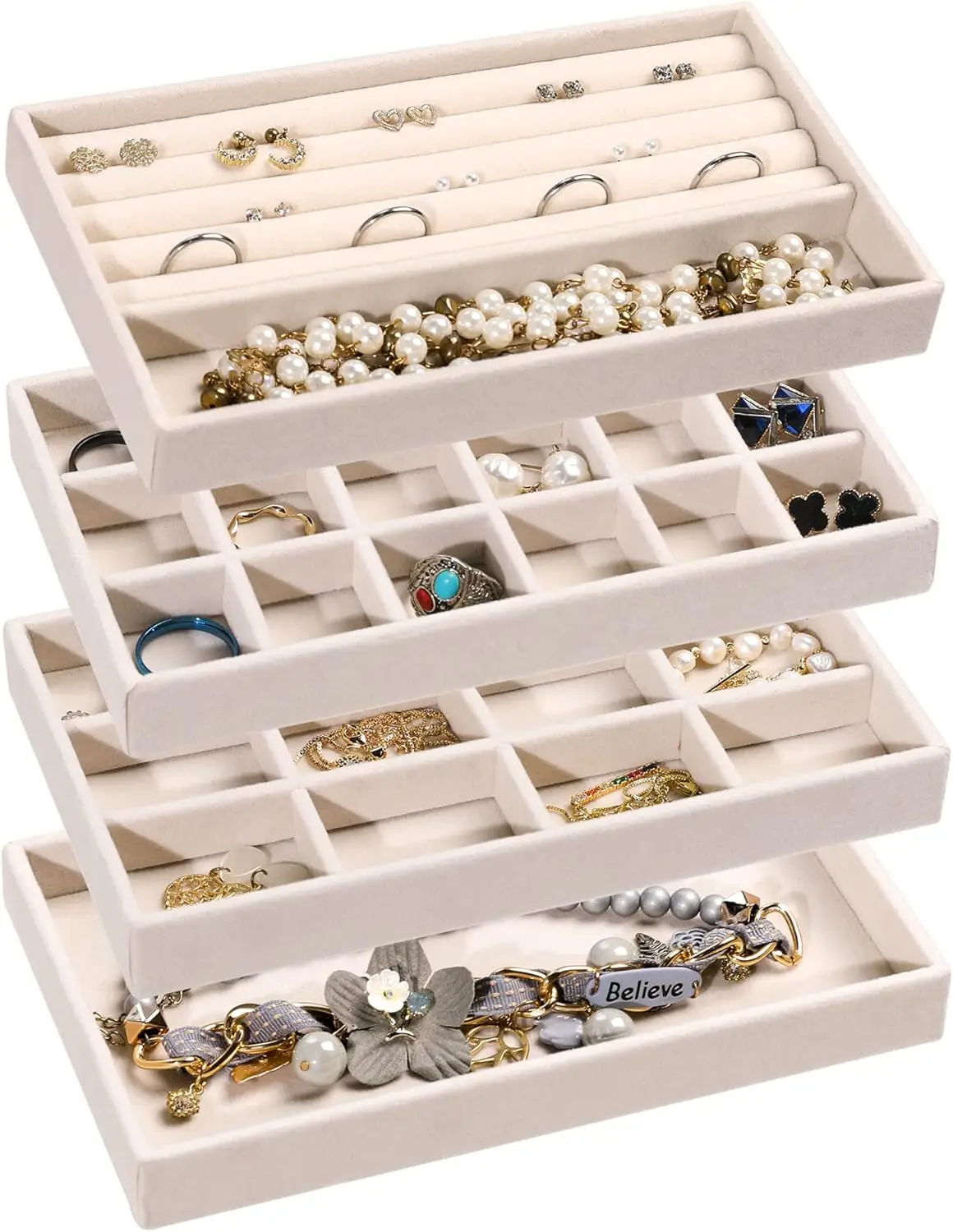 

Jewelry Organizer Tray,Stackable Velvet Jewelry Trays,Drawer Inserts Earring Organizer For Women Jewelry Storage Display Case for Rings Stud Necklaces,Set of 4(Beige)