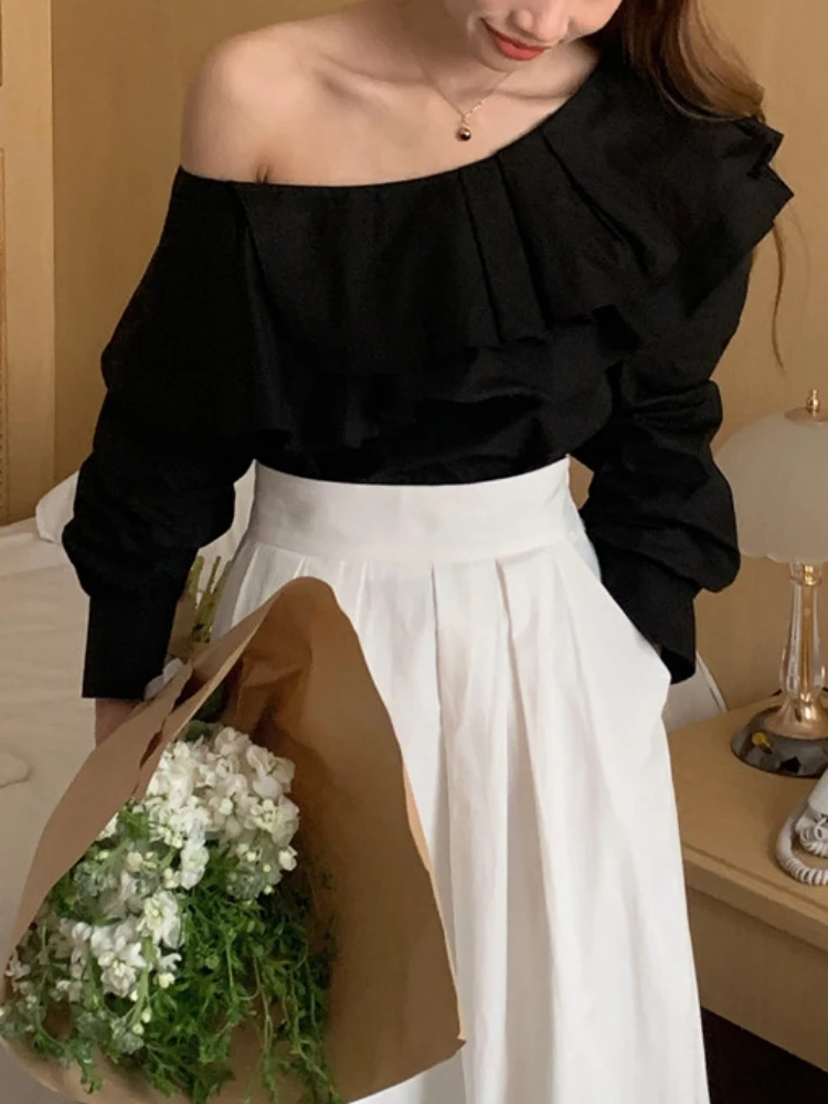 Colorfaith BL9893 New 2023 Skew Collar Shirts Ruffle Vintage Off Shoulder French Style Elegant Women Spring Summer Blouses Tops