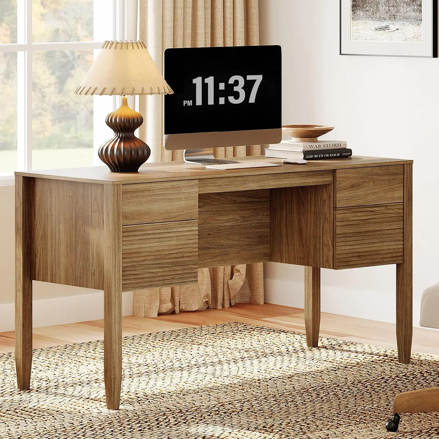 Fluted Executive Desk with Drawers, 58