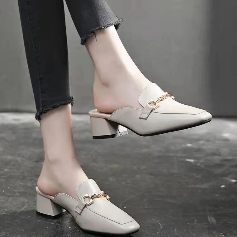 2024 High Quality Ladies Shoes Mules Women\'s High Heels Fashion Hot Sale Pumps Square Heel Solid Female Shoes High Heels