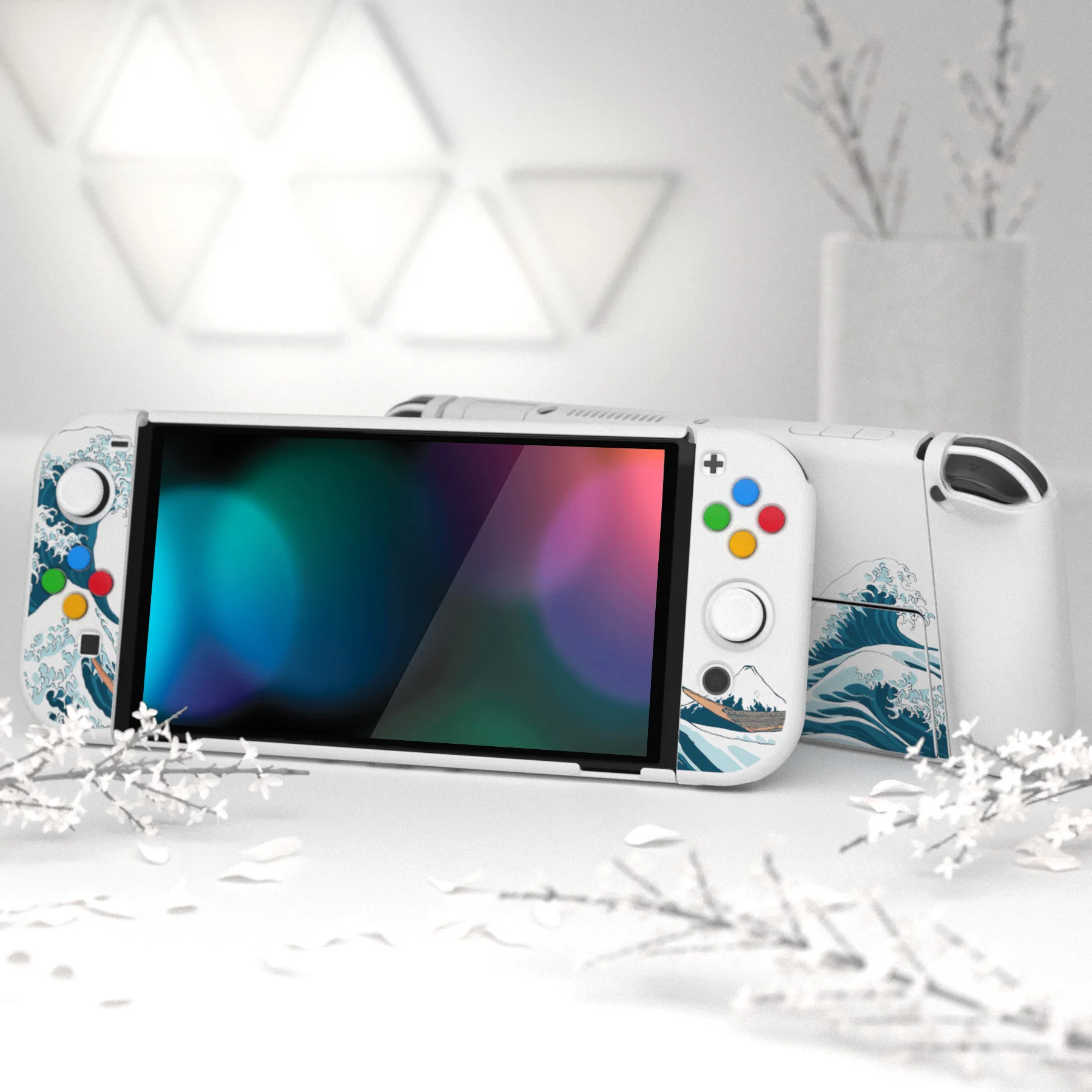 PlayVital AlterGrips Split Design Ergonomic Protective Case for Switch OLED Shell W/Thumb Grips - The Great Wave off Kanagawa