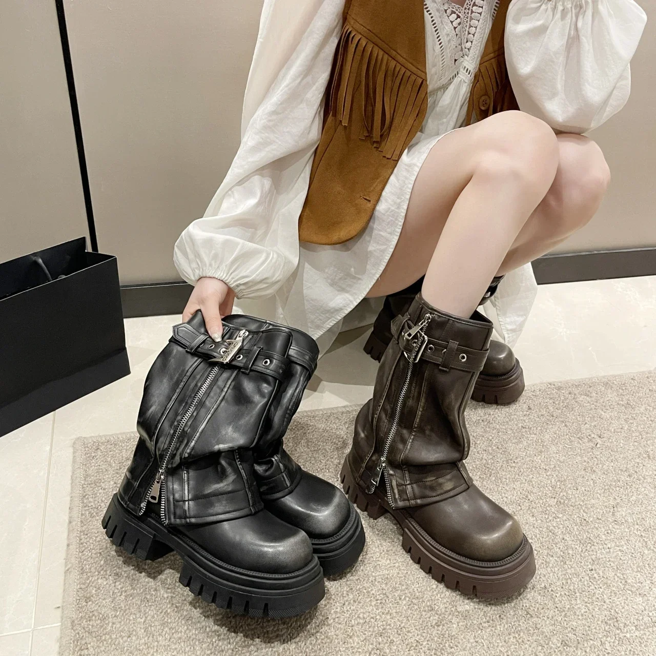 2024 New Brown Platform Boots for Women Slim British Style Thick Heel Retro Ankle Boots Women Shoes