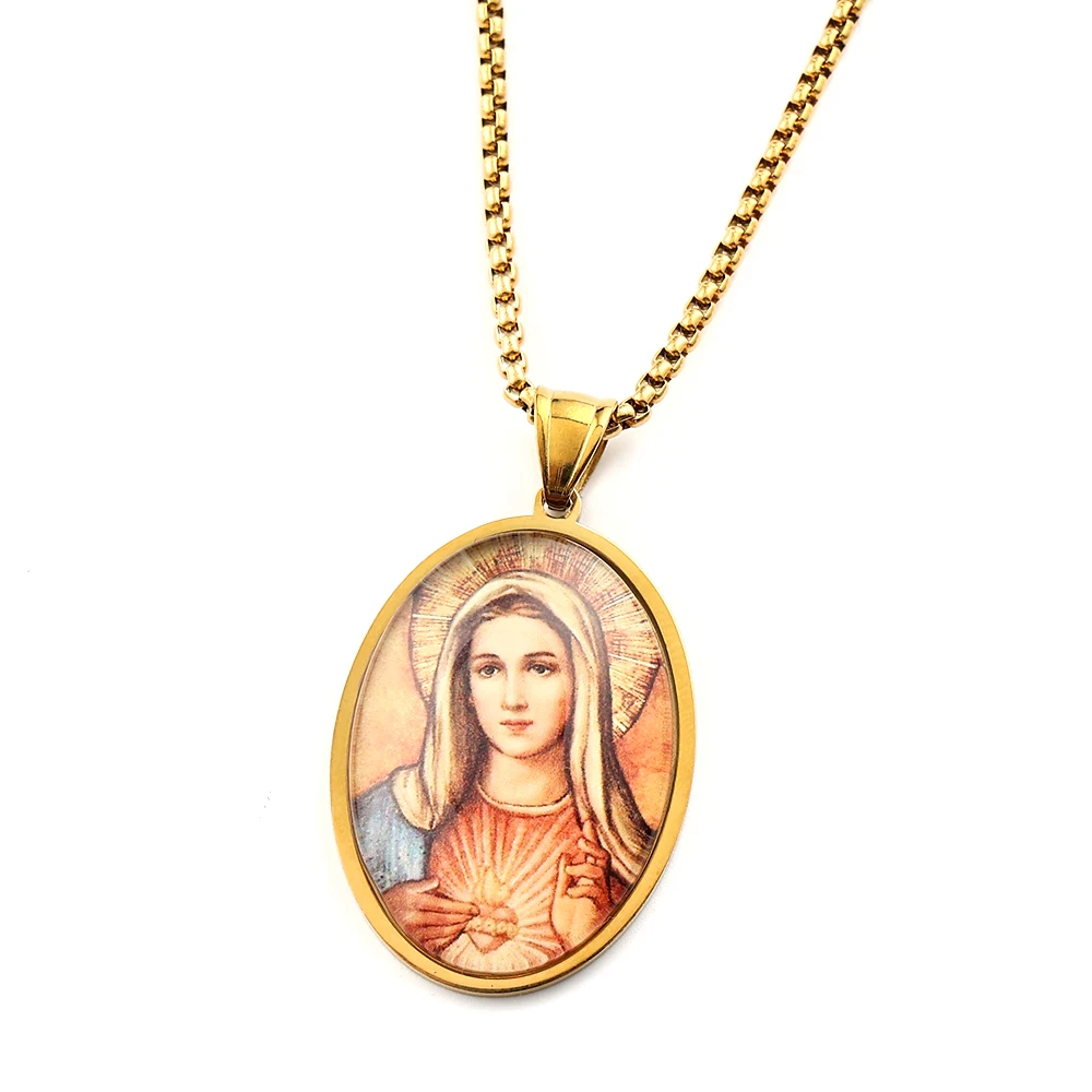 Sacred Heart Virgin Mary Glass Oval Medal Pendant Necklace for Women Men Stainless Steel Silver Color Catholic Amulet Jewelry