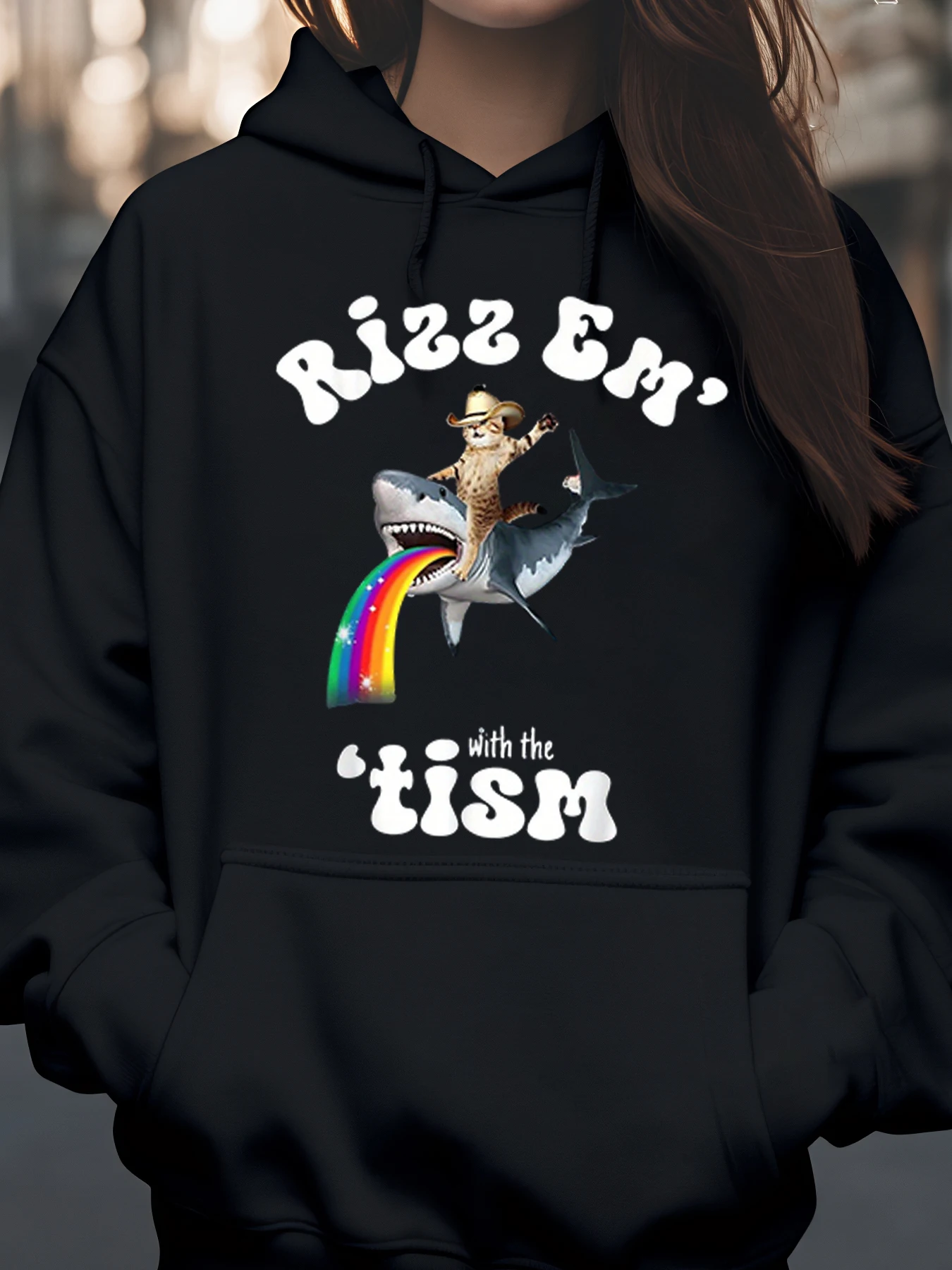 سترة Rizz Em مع The Tism Shark Rainbow Cat بغطاء للرأس لحفلات الهالوين للنساء والرجال