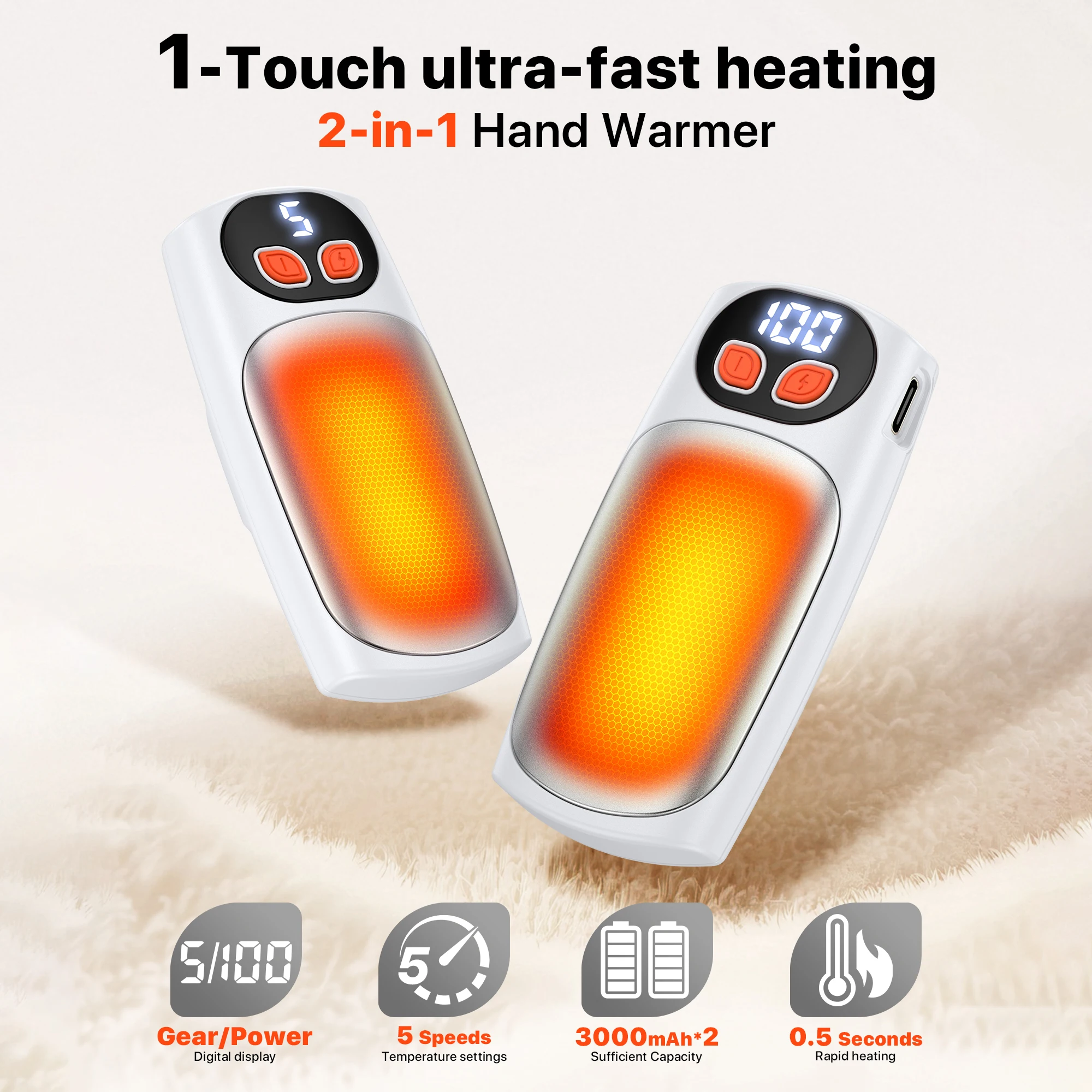 Calentadores de manos recargables, paquete de 2 5 configuraciones, calentamiento rápido, calentador de bolsillo portátil eléctrico para mujeres, hombres, Camping al aire libre