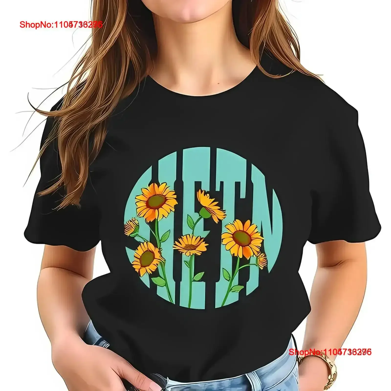 Black T Shirt with Teal Circle Sunflower Illustrations All cotton vintage Washed Breathable designer clothes homme Casual