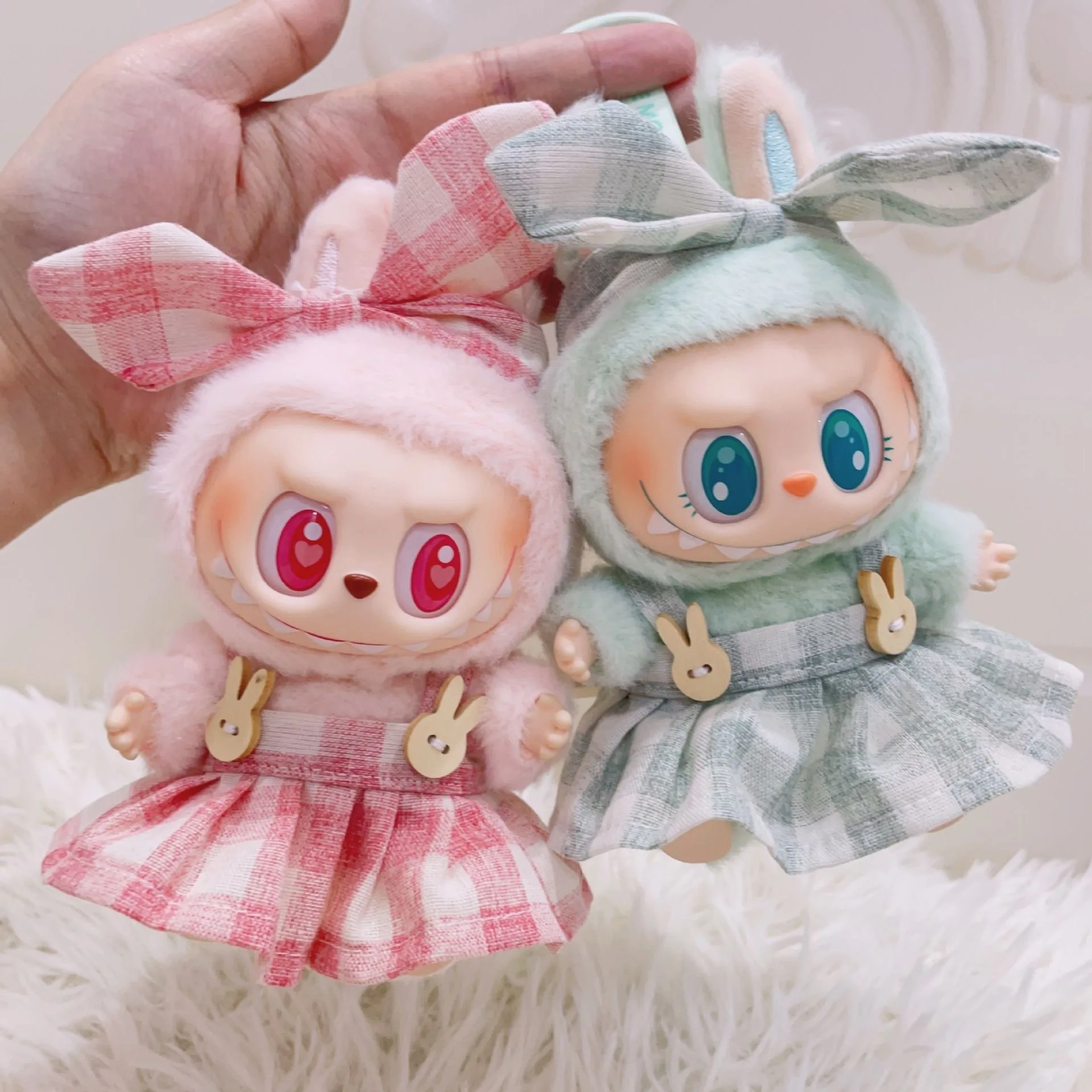 Mini Pluche Poppenkleertjes Outfit Pop Accessoires Snoep Geruite Rok Hoofdband Set Kleding Voor Labubu Idol V1 V2 Zittend Feest