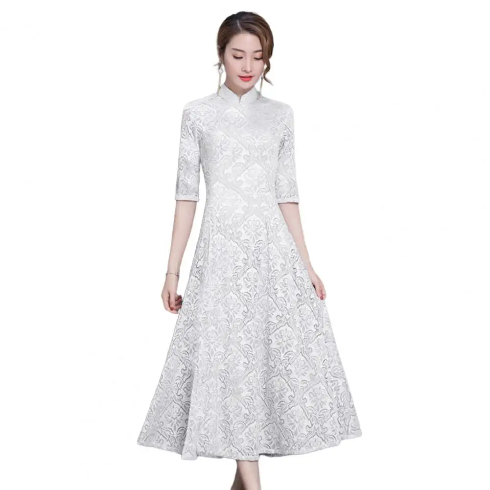 

Women Dress Stand Collar Chinese Retro Style Half Sleeves A-line Qipao Big Hem Printed Mid-calf Length Mother Dress