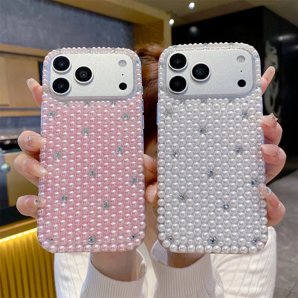 Luxury Girly Coquette Sparkling Full Pearl Phone Case for 17 Pro Max Crystal Rhinestone Protective Cover for iPhone 16 15 14 13