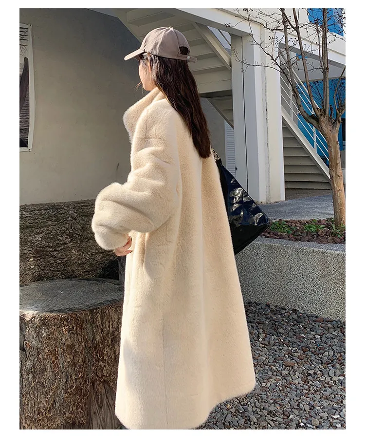 Women's Thick Faux Mink Fur Mid-length Coat Autumn Winter Fashion Stand Collar Plush Outerwear Women Elegant Warm Fluffy Jackets