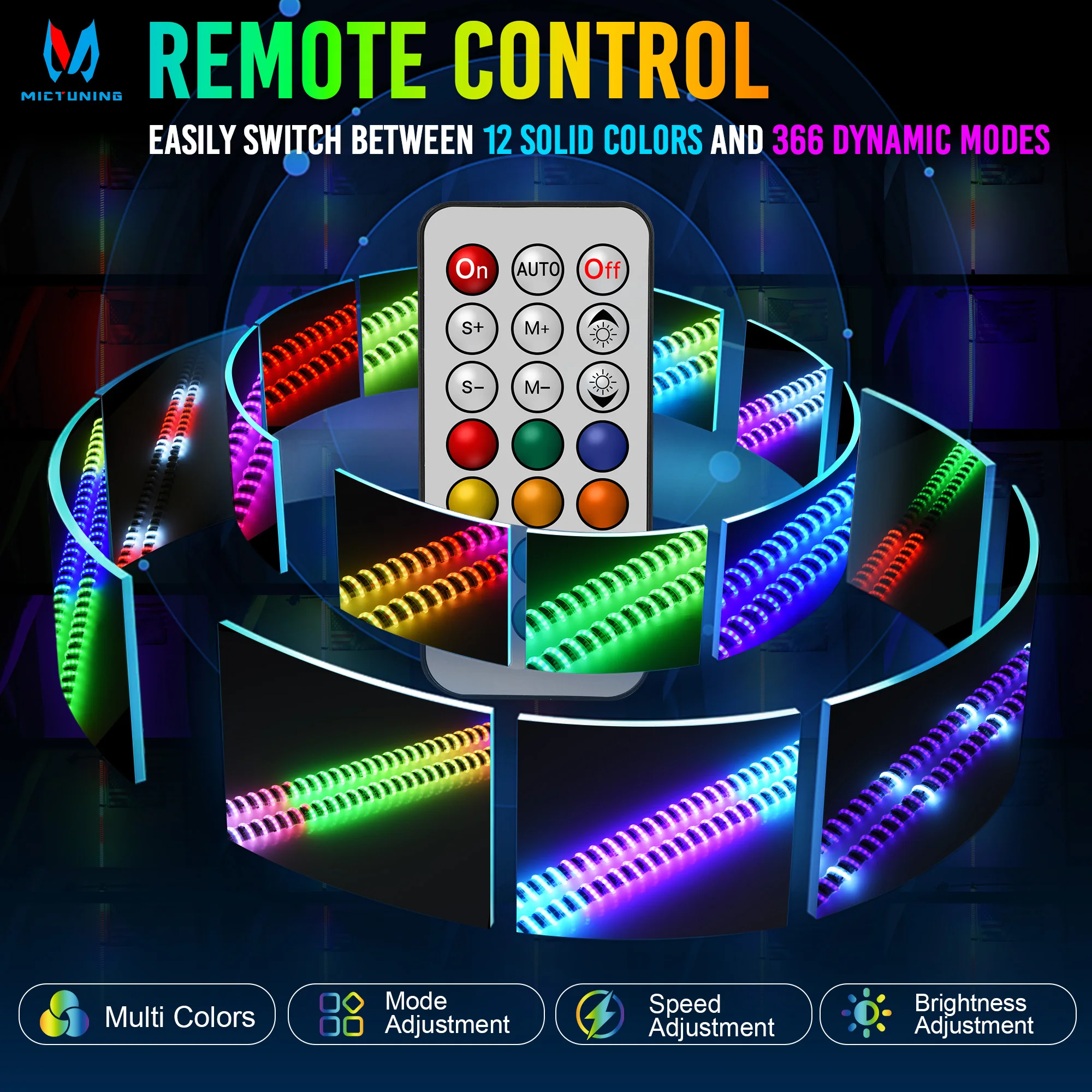 MICTUNING 3FT 360° Spiral LED Whip Lights,  RGB+IC Dream Flow Chasing Colors with Remote Control, Rocker Switch & Flags for ATV