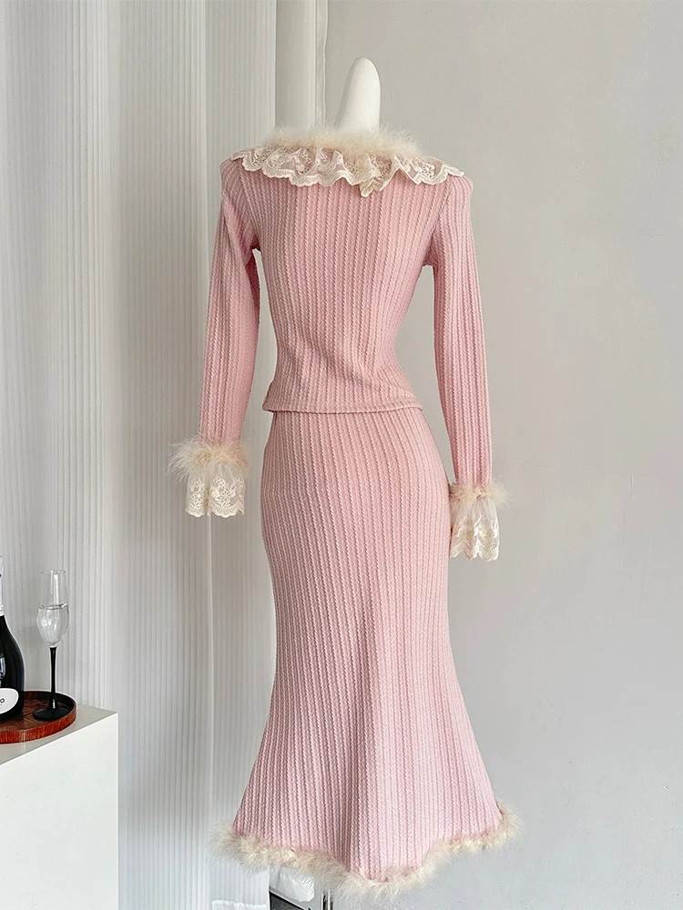 Women's Pink Skirt Sets Vintage Long Sleeve V-Neck Sweater and Long Skirt Vintage Y2k Two Piece Suit 2000s Fashion Clothes 2024