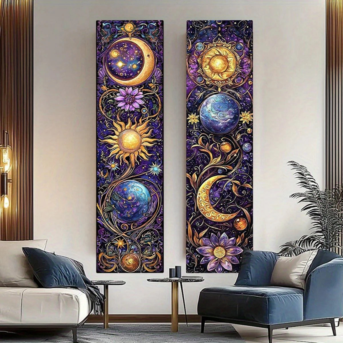 Sun Moon Himmlischer Druck, verträumter Wandteppich, Wandbehang mit lila Blumen und Pflanzen, Hippie-Wanddekoration, böhmische Heimdekoration