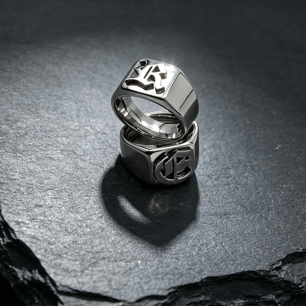 Custom Old English Gothic Initial Signet Ring Stainless Steel Raised Embossed Letter Statement Band Men Vintage Jewelry Gift