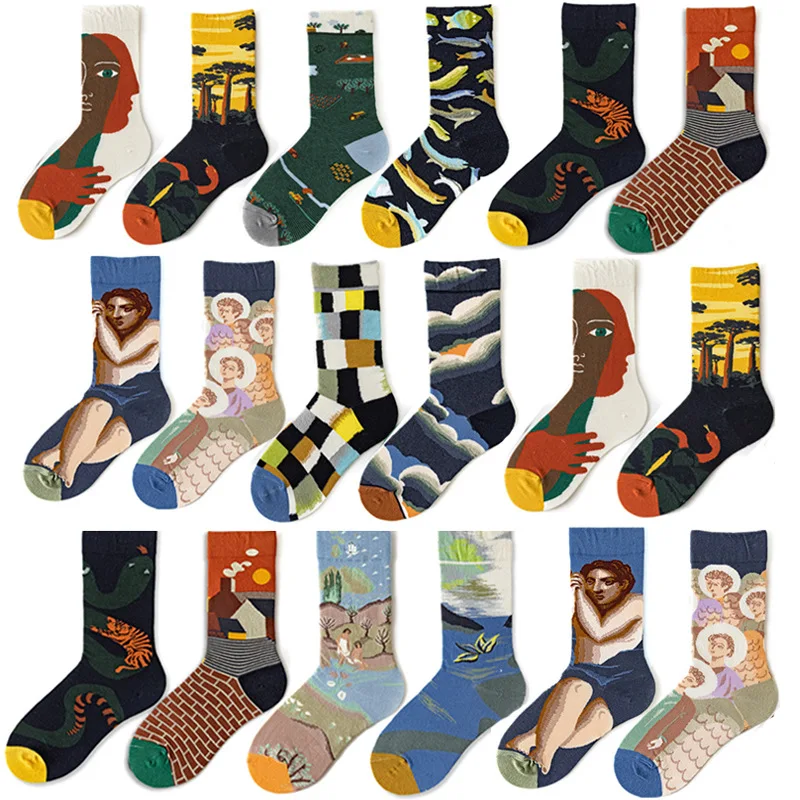 New Trend Couple Middle Tube Socks Men Female Daily Oil Painting Series Cotton Creative Hot Women\'s High Socks for 4 Seasons