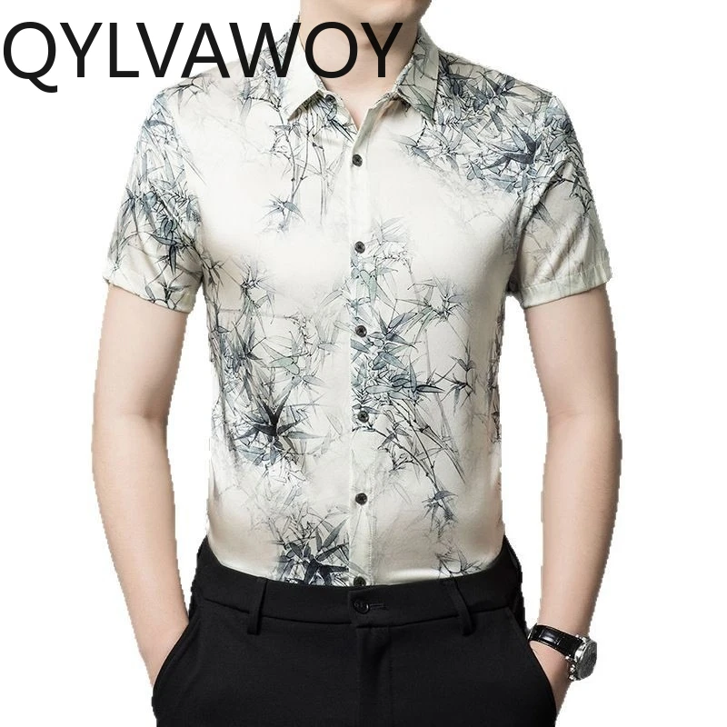 

QYLVAWOY 90.8% Real Mulberry Silk Men's Shirts Short Sleeve Stylish Shirts Printed Summer Tops Camisas Masculina Casual High-end