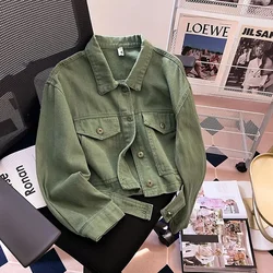 Spring Autumn Fashion Denim Short Jacket Women's Green Jean Coat Single-breasted Loose Outerwear Streetwear Cotton Casual Tops