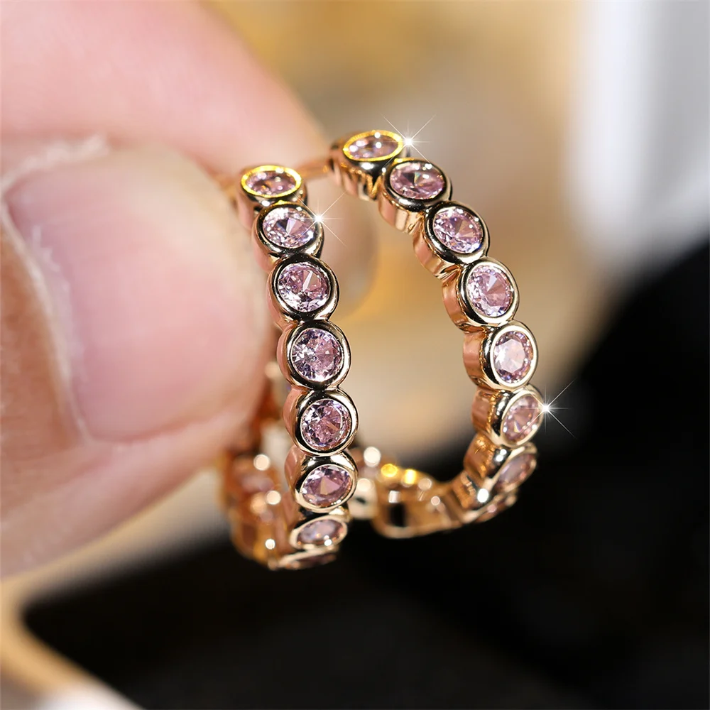 Elegant Pink Crystal Zircon Hoop Earring Single Row Small Round Stone Earrings For Women Vintage Gold Color Wedding Jewelry Gift