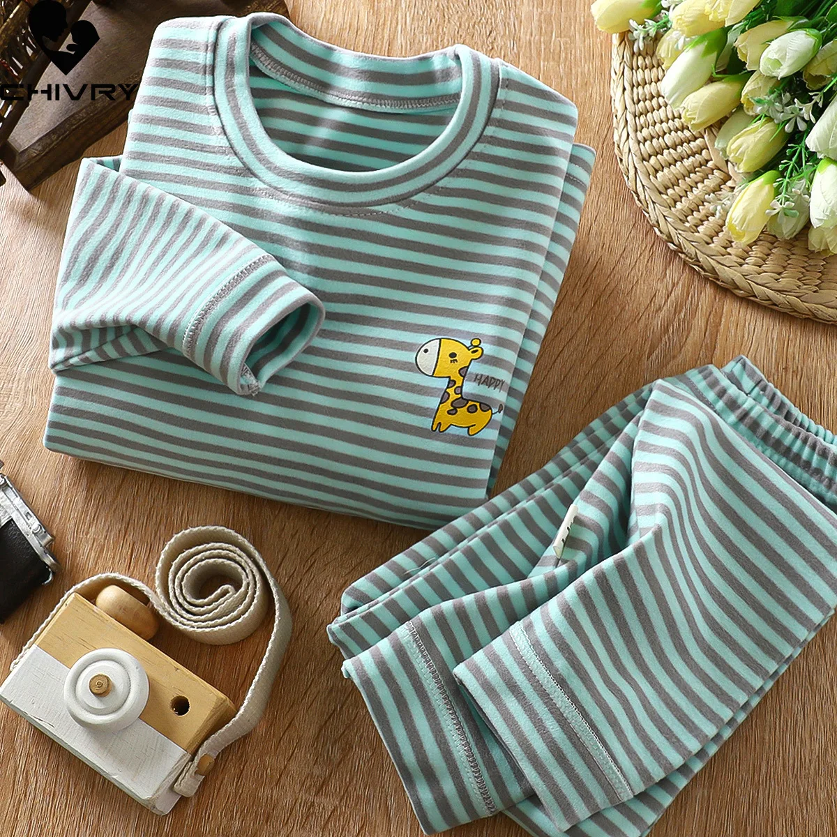 New Autumn Winter Kids Pajamas Baby Boys Girls Striped Thicken Warm T-shirt with Pants Youth Pyjamas Sleepwear Clothing Sets