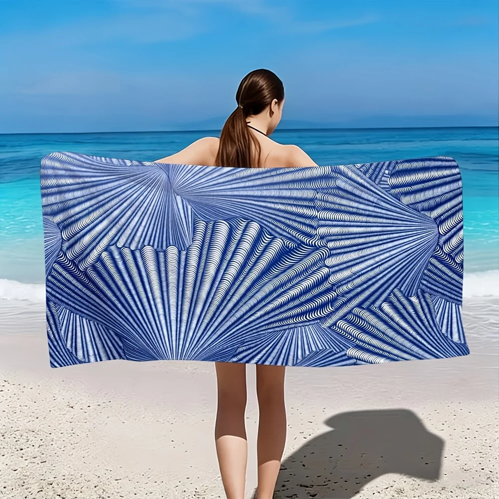 Optical Illusion Beach Towel, Blue and White Fan Pattern, Abstract Geometric Design, Quick Dry Microfiber, Gift for Art Lovers