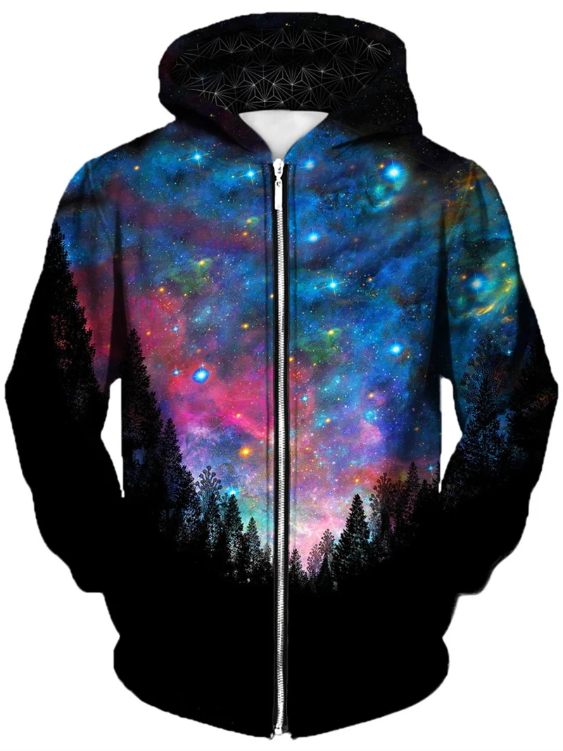 3D Black White Galaxy Print Zip Up Hoodie Cosmic Starry Sky Graphic Hooded Sweatshirt Casual Streetwear Zipper Outerwear Jacket
