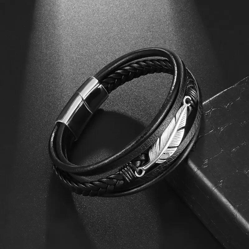 Classic multi-layered leather feather metal buckle bracelet men\\\\\'s business casual party jewelry gifts wholesale