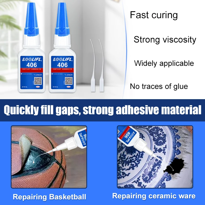 Adesivo novo e atualizado 406 Super Acrylate, secagem instantânea de 5 segundos, resistente à água, boa estabilidade, ferramenta de adesão completa. Adequado para madeira, plástico, cerâmica, metal, borracha, etc.