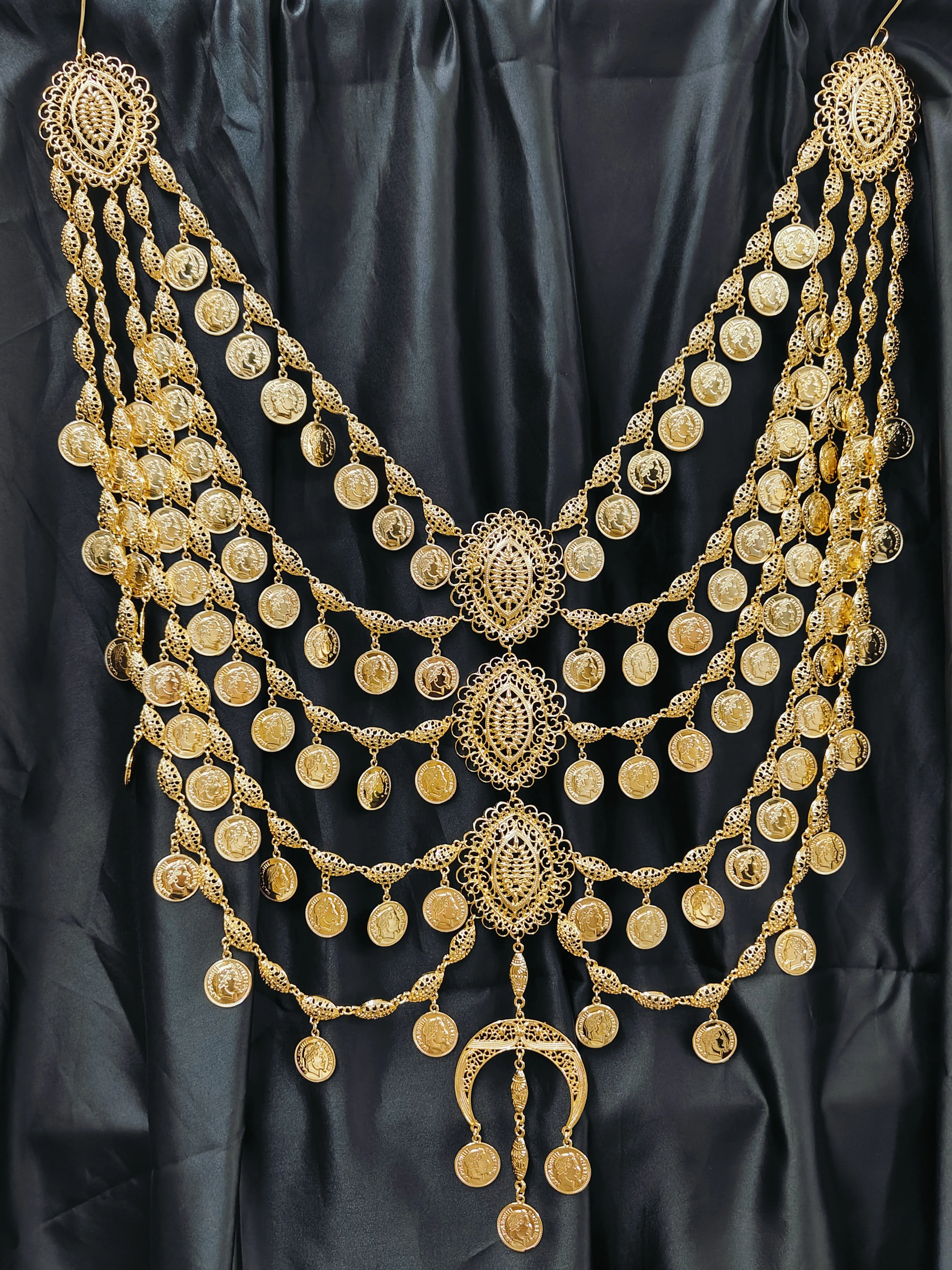 New Algerian Bridal Jewelry Multi Chain Full Handmade Coin Large Necklace Head Chest Chain Arab Wedding Dress Body Jewelry