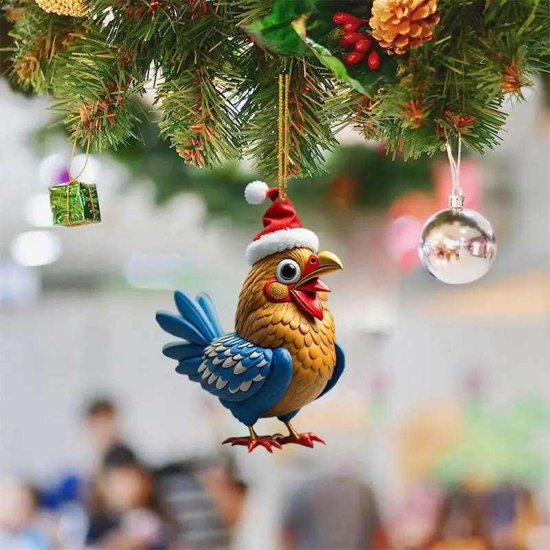 Christmas Rooster Pendant High Definition UV Printed Acrylic Flat Animal Pendant Christmas Tree Holiday Decoration