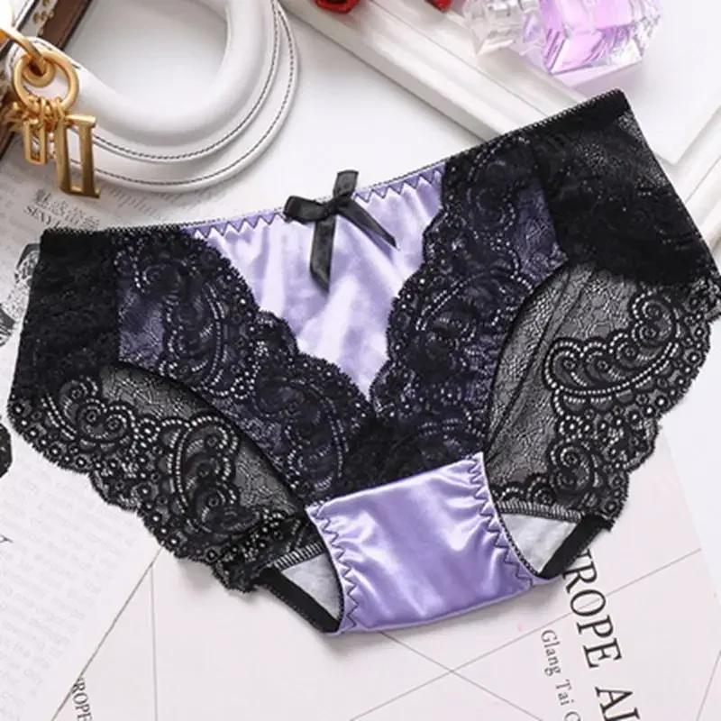 Women\'s Sexy Lace Panties Ladies Seamless Transparent Panties Breathable Lace Low Rise Large Size Cotton Crotch Briefs