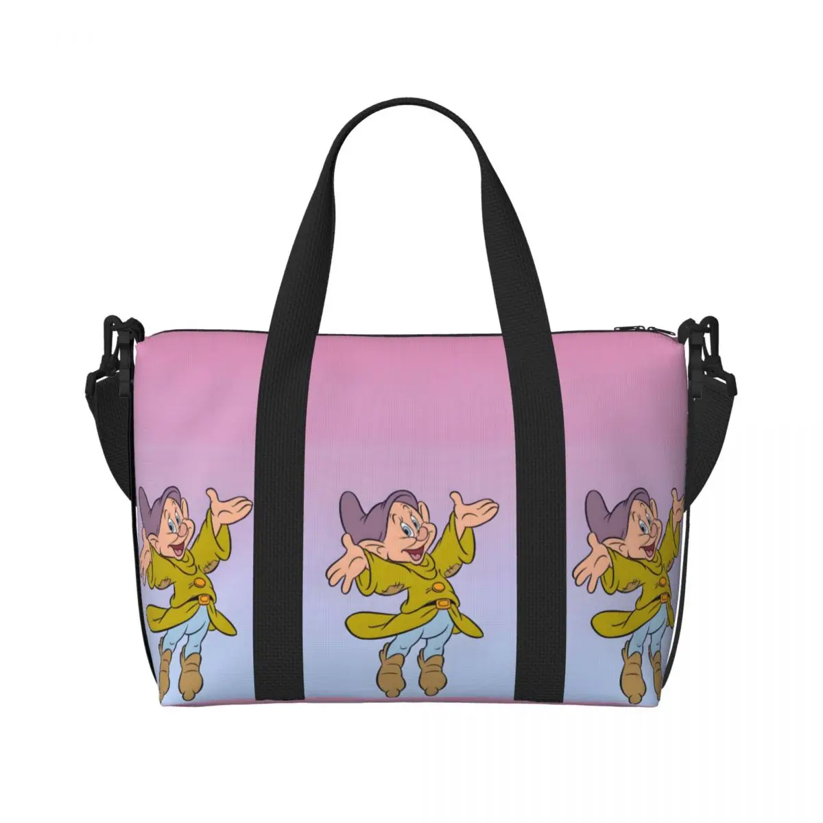 

Custom Snow White And Anime The Seven Dwarfs Beach Tote Bag for Women Extra Large Gym Carry On Travel Shopping Bags