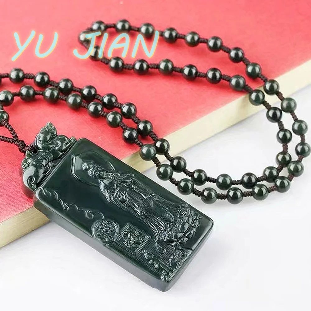 

Jade Brand Natural Hetian-Jade Standing Lotus Guanyin Visit Zen Enlightenment Jadeite Pendant With Chain Necklace Jewelry