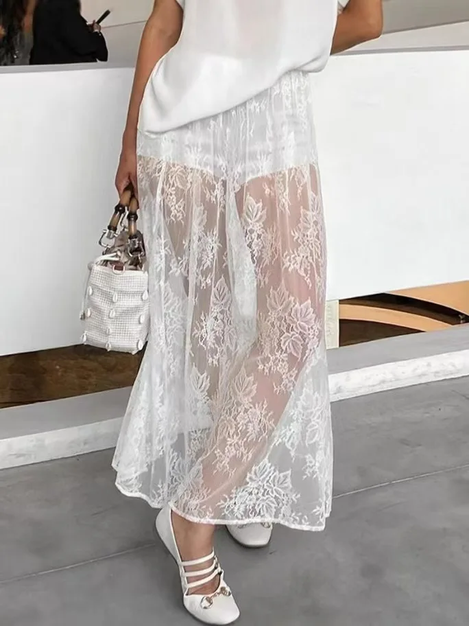 

Sexy Lace f Skirt Versatile White Embroidery Alluring A-Line Long Skirt Loose Fit High Waist Thin Material Spring 2025