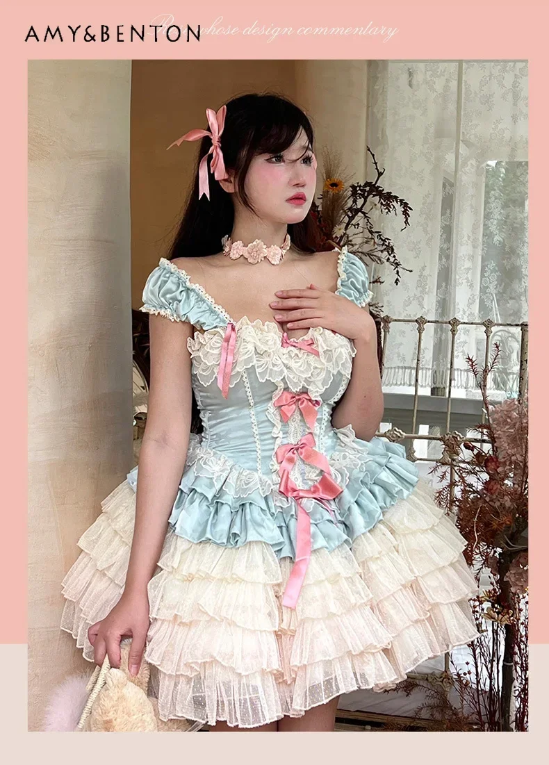 High SenseLolita Dress for Spring and Summer New Sweet Lace Stitching Sleeveless Slim Fit Ball Gown Dress Kawaii Bow Mini Dress