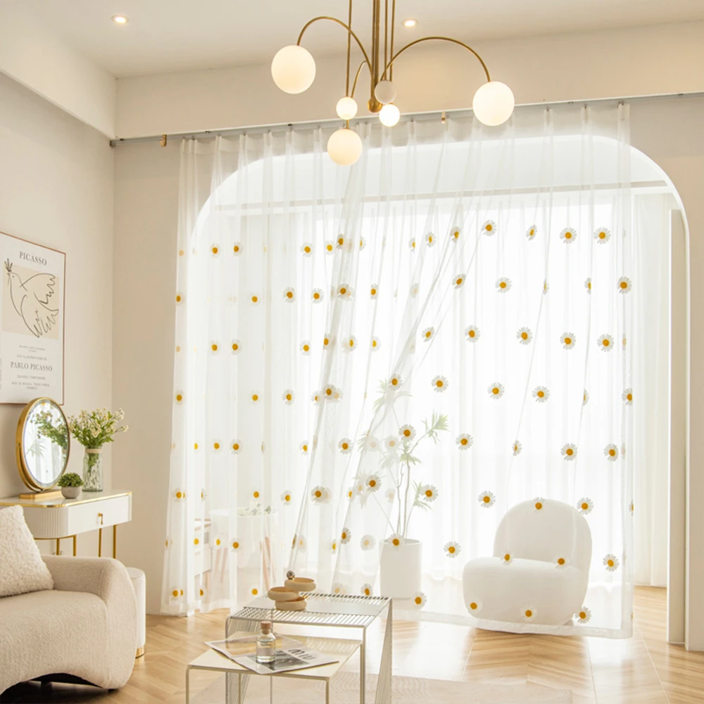 Nordic Style Daisy Print Sheer Curtains, Ideal Light Filtering for Bedroom & Living Room, Warm Atmosphere Window Decor