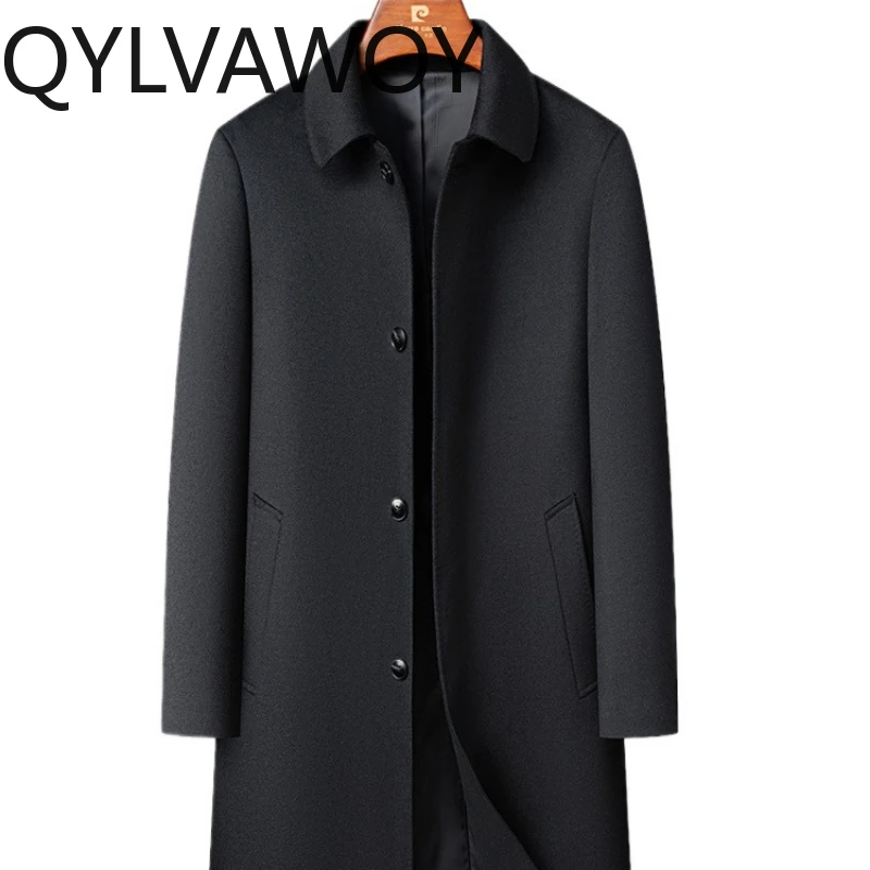 

QYLVAWOY весенне-осеннее мужское шерстяное кашемировое пальто средней длины до колена Тренч среднего возраста теплая стильная элитная верхняя одежда LJ2752