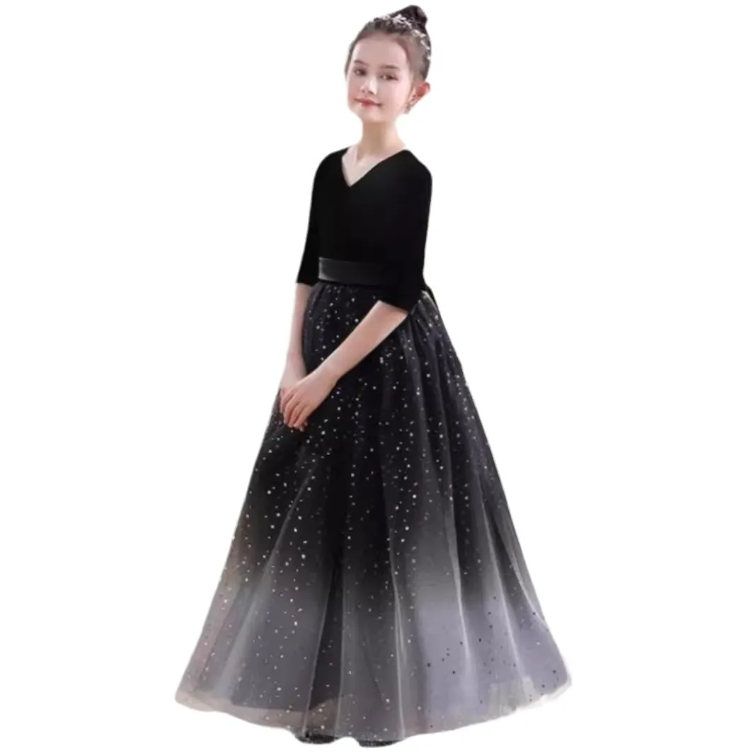 Sukienka dla dziewczynki do sypania kwiatów Yiiya, granatowy aksamit, tiul, dekolt w serek, rękawki do połowy ramienia, zamek błyskawiczny z tyłu, krój A, długość do podłogi, model T061