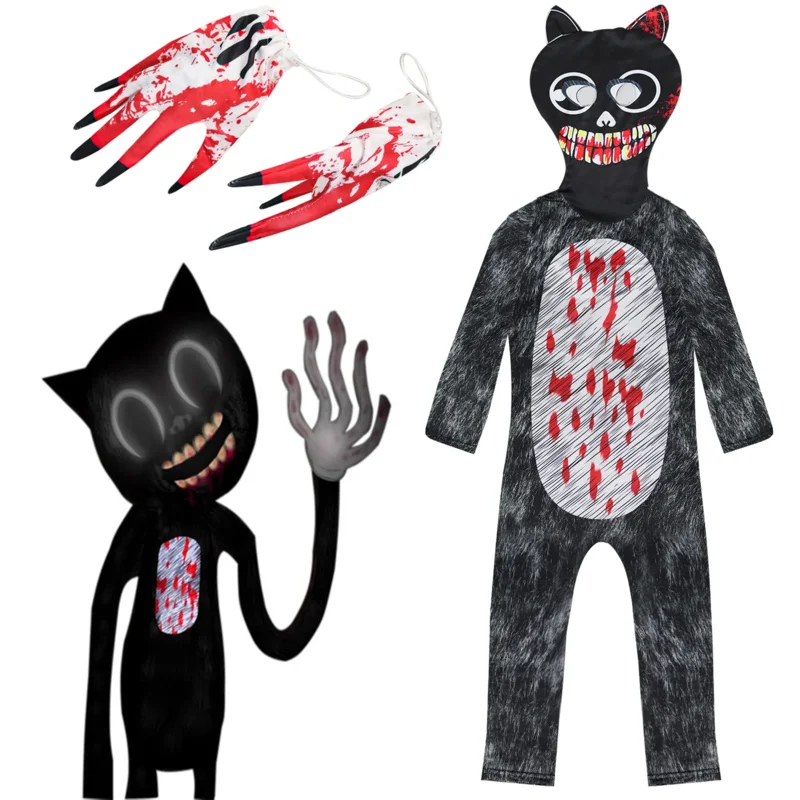 CyHalloween Costumes for Kids Anime Black Cat Cosplay Boys Girls Bodysuit and Gloves Horror Cartoon Disfraces Cosplay Clothing
