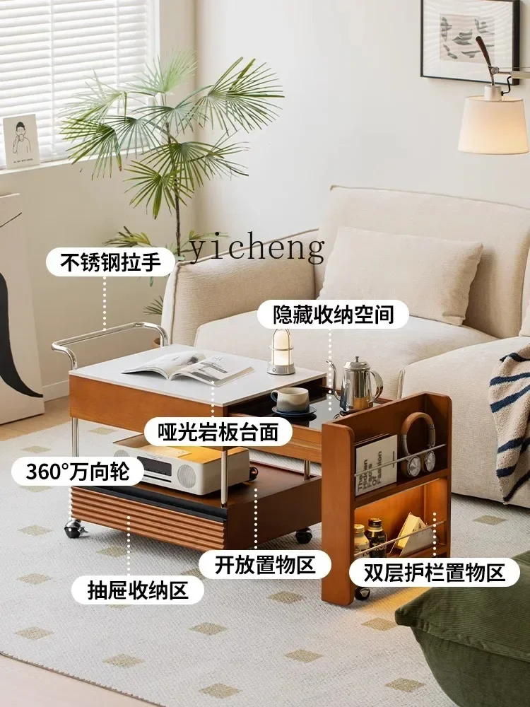 TQH6.4  retro coffee table solid wood small table tea cabinet antique rock slab edge table can be moved and retractable